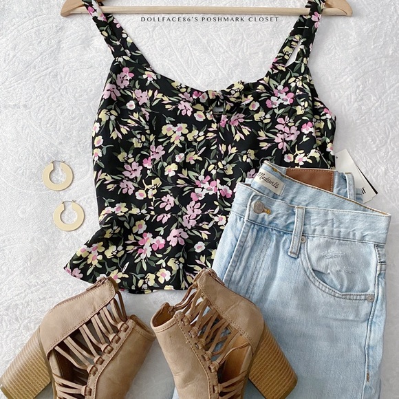 NWT Bar III Floral Cropped Peplum Cut Out Bow Chest Tank Top - Picture 3 of 11